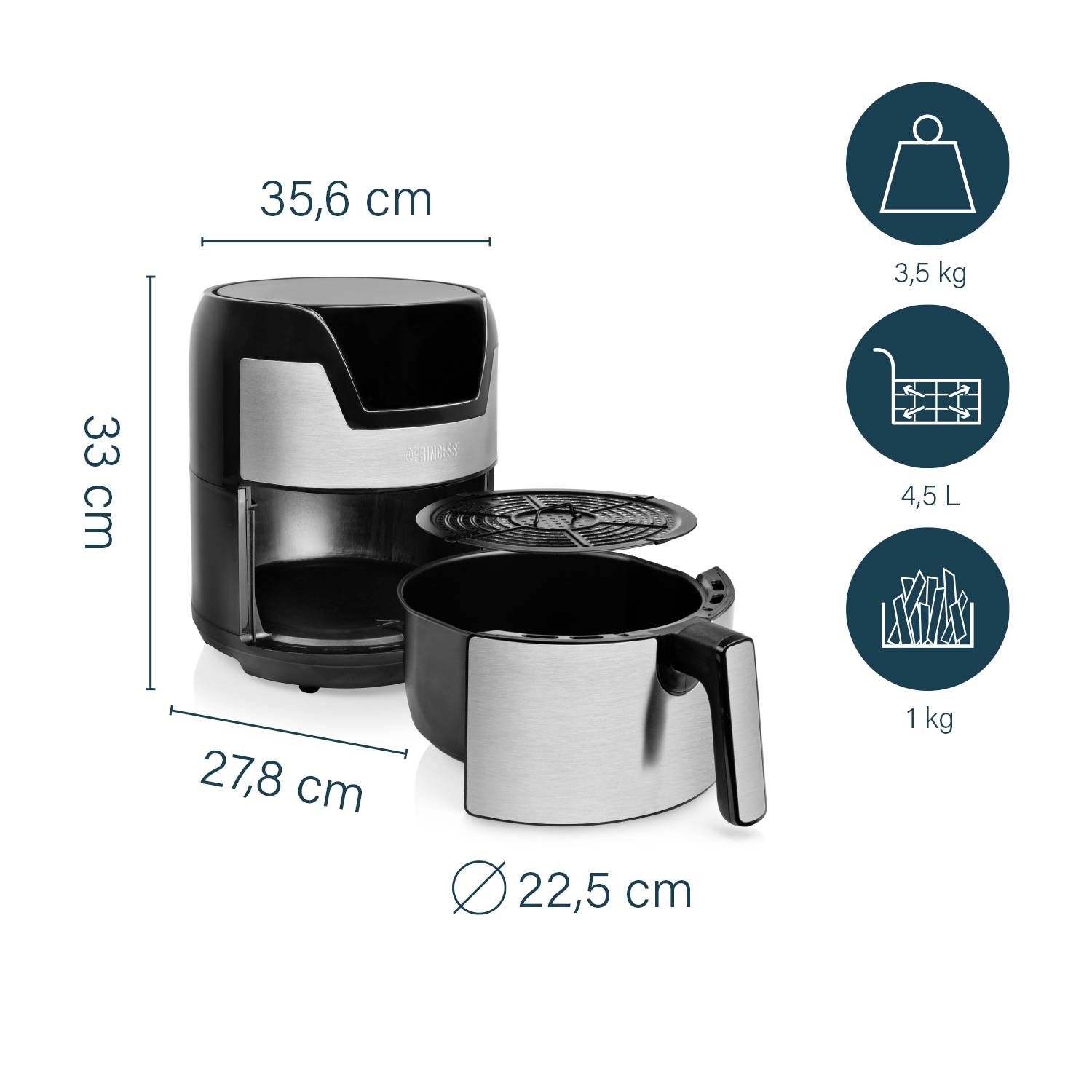 Friggitrice ad aria in acciaio inox e nero con contenitore rimovibile. Dimensioni: 35,6 cm x 33 cm x 27,8 cm. Peso massimo: 3,5 kg. Capacità: 4,5 L.