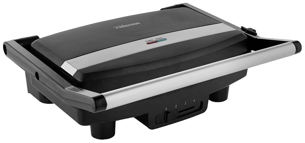 Un grill elettrico nero con manici in metallo su entrambi i lati, adatto per grigliare panini o carne.