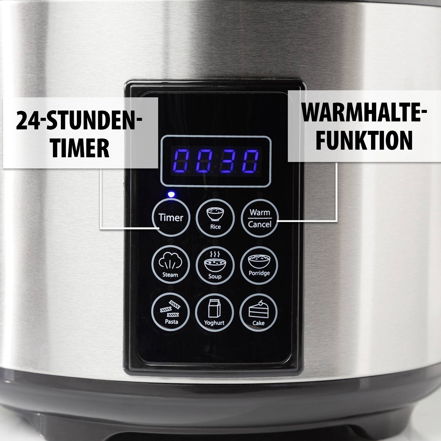 Display del multicooker mostra il timer '00:30'. Funzioni: mantenimento del calore, selezione di piatti come riso, zuppa, yogurt.