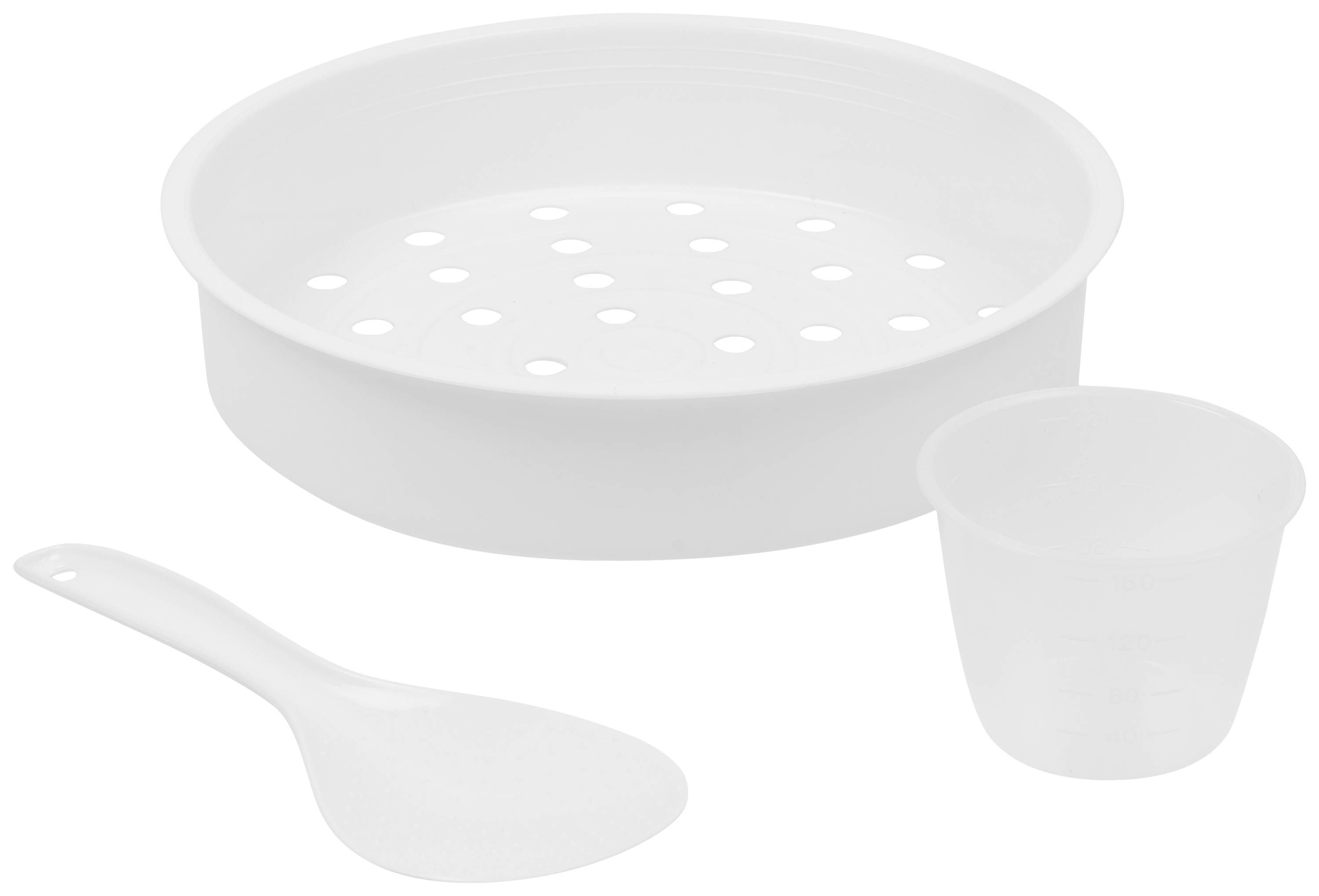 Inserto bianco per cottura a vapore, tazza graduata e cucchiaio, solitamente utilizzati per cuocere il riso.