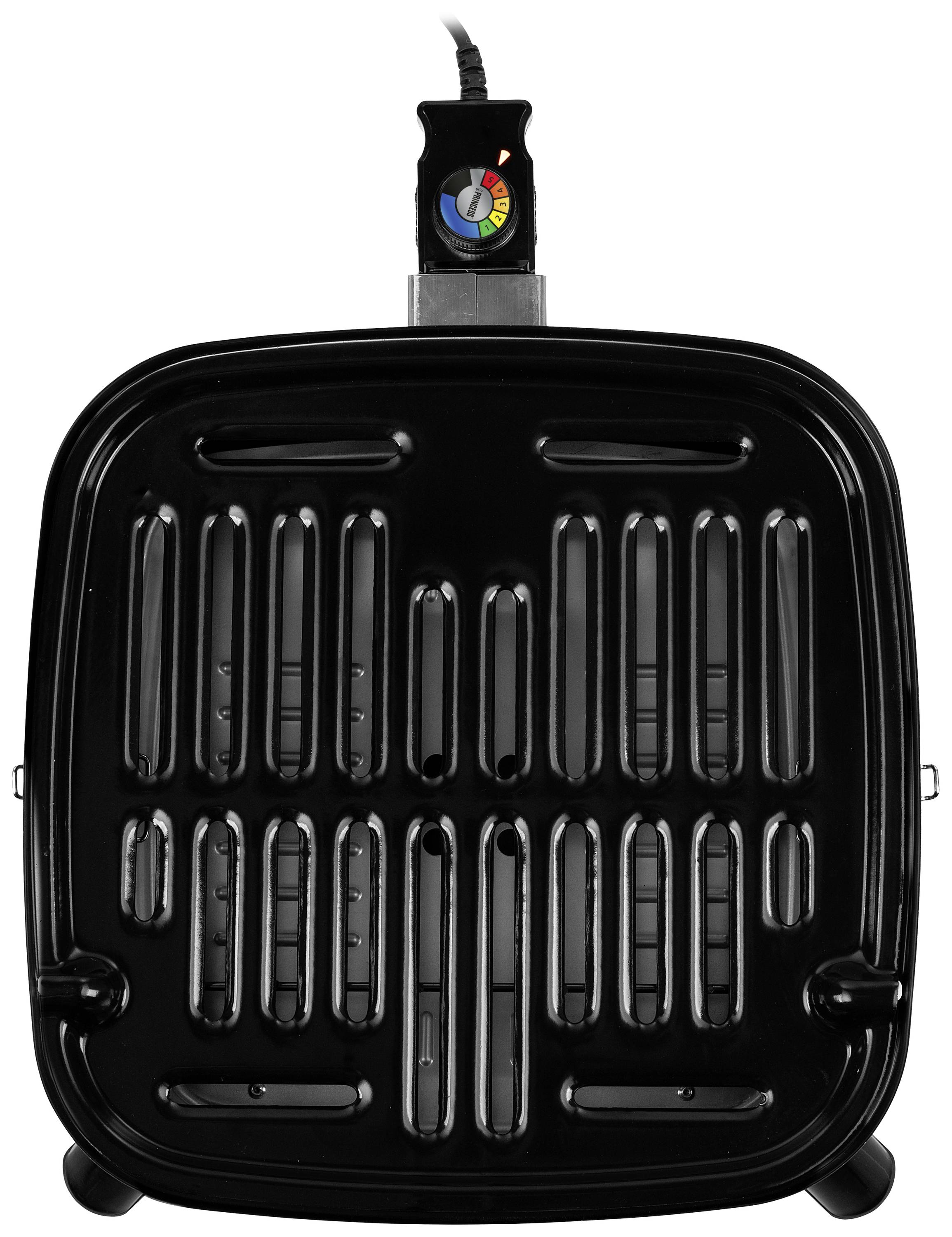 Un grill elettrico nero quadrato con scanalature, dotato di un regolatore di temperatura con simboli in alto. Adatto per grigliate al chiuso.