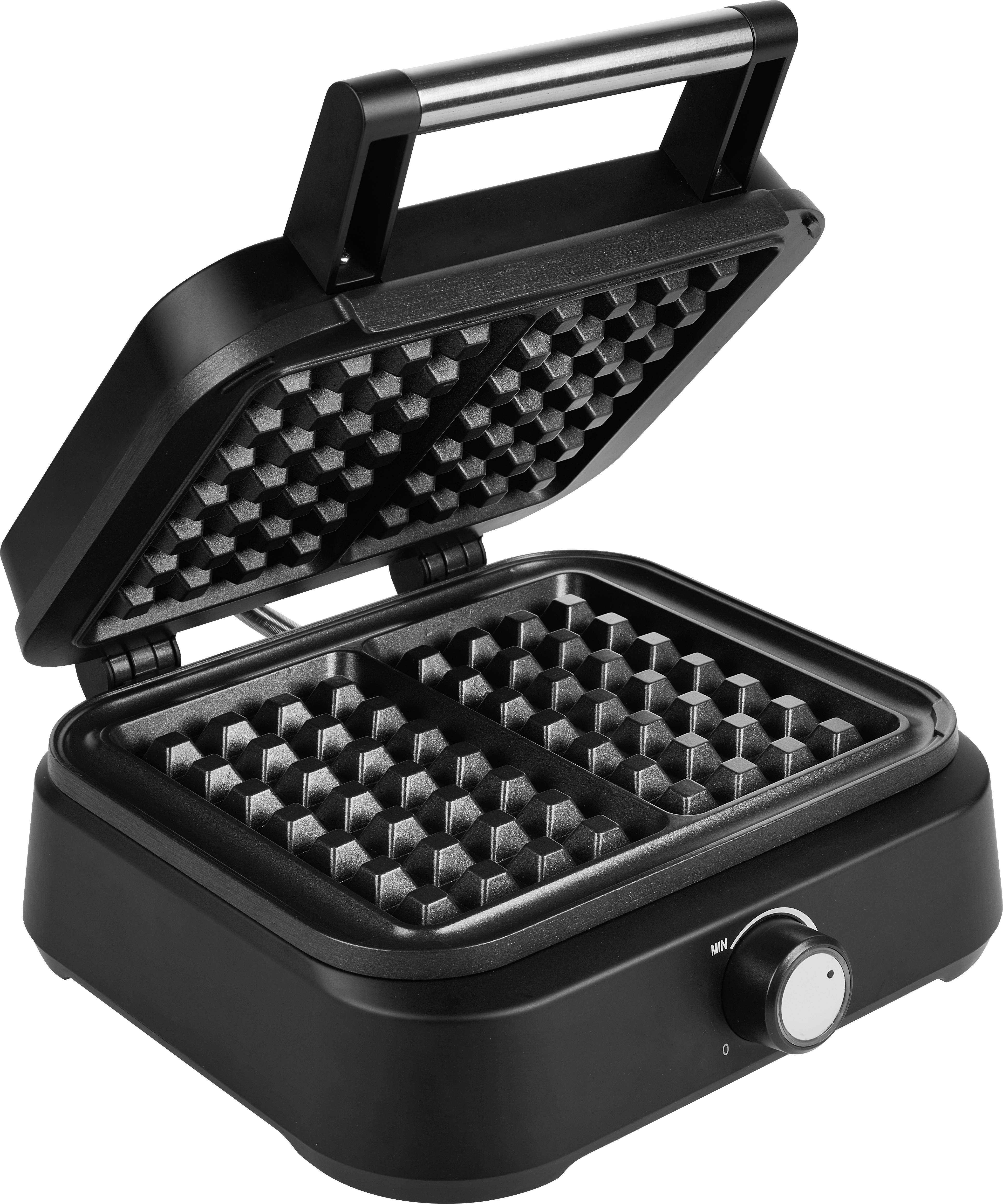 Un ferro per waffle nero con il coperchio aperto, piastre per waffle visibili e una manopola di regolazione della temperatura, è posizionato in verticale.