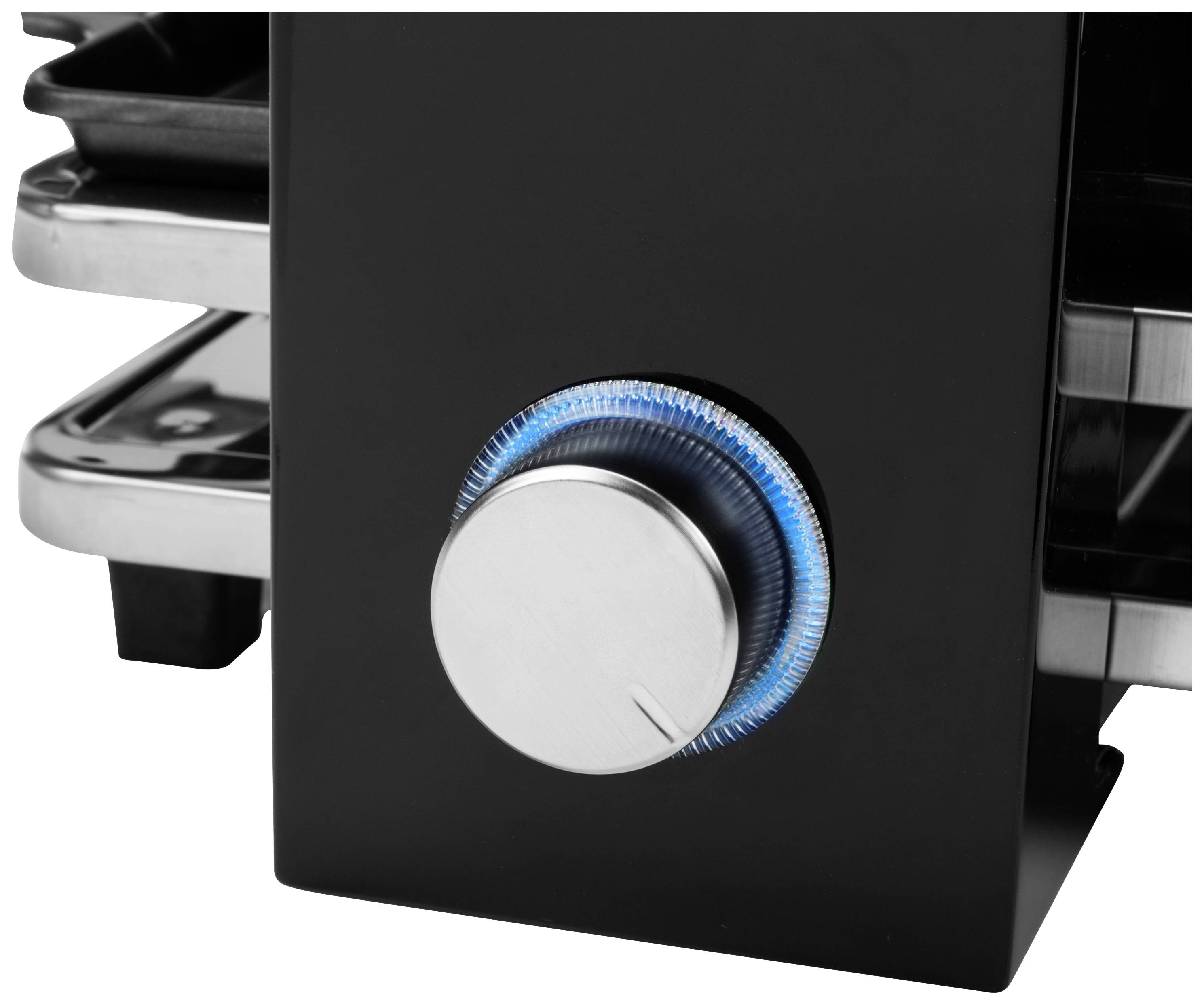 Un tostapane nero con una manopola rotonda in argento che si illumina di blu. La manopola serve a regolare la temperatura.