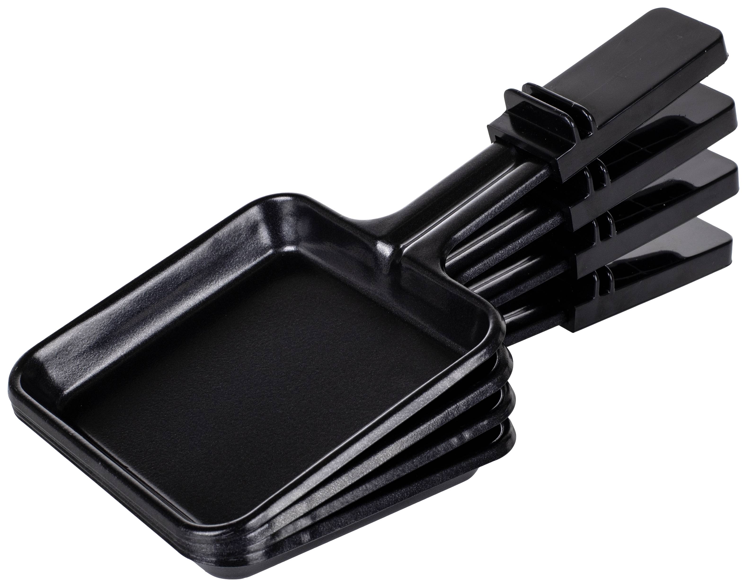 Set di pentole per raclette nero, impilate, che mostra cinque piccole padelle con manici utilizzate per la griglia di raclette.