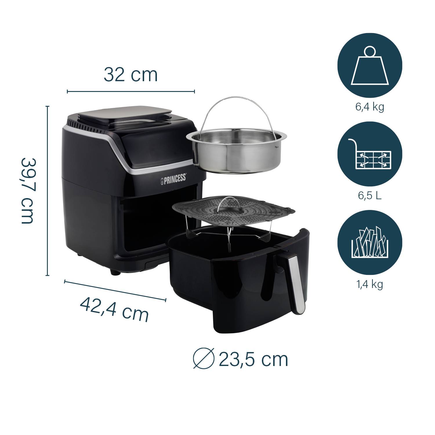 Friggitrice con dimensioni 32 cm x 39,7 cm x 42,4 cm. Incluso cestello, capacità 6,5 L, peso 6,4 kg. Accessori: griglia e contenitore.