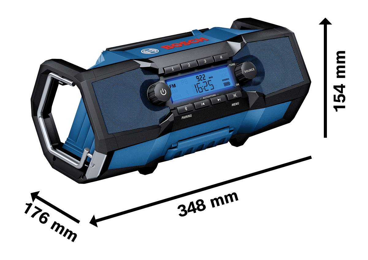Radio portatile con superficie blu, display che mostra '16:25'. Dimensioni: 348 mm di larghezza, 176 mm di profondità, 154 mm di altezza.