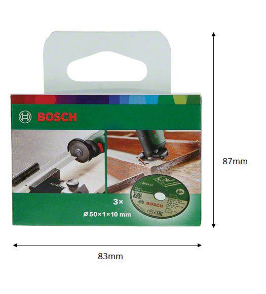 Immagine di un imballaggio di prodotto Bosch per tre dischi da taglio con dimensioni 50x1x10 mm; dimensioni della confezione: 83x87 mm.