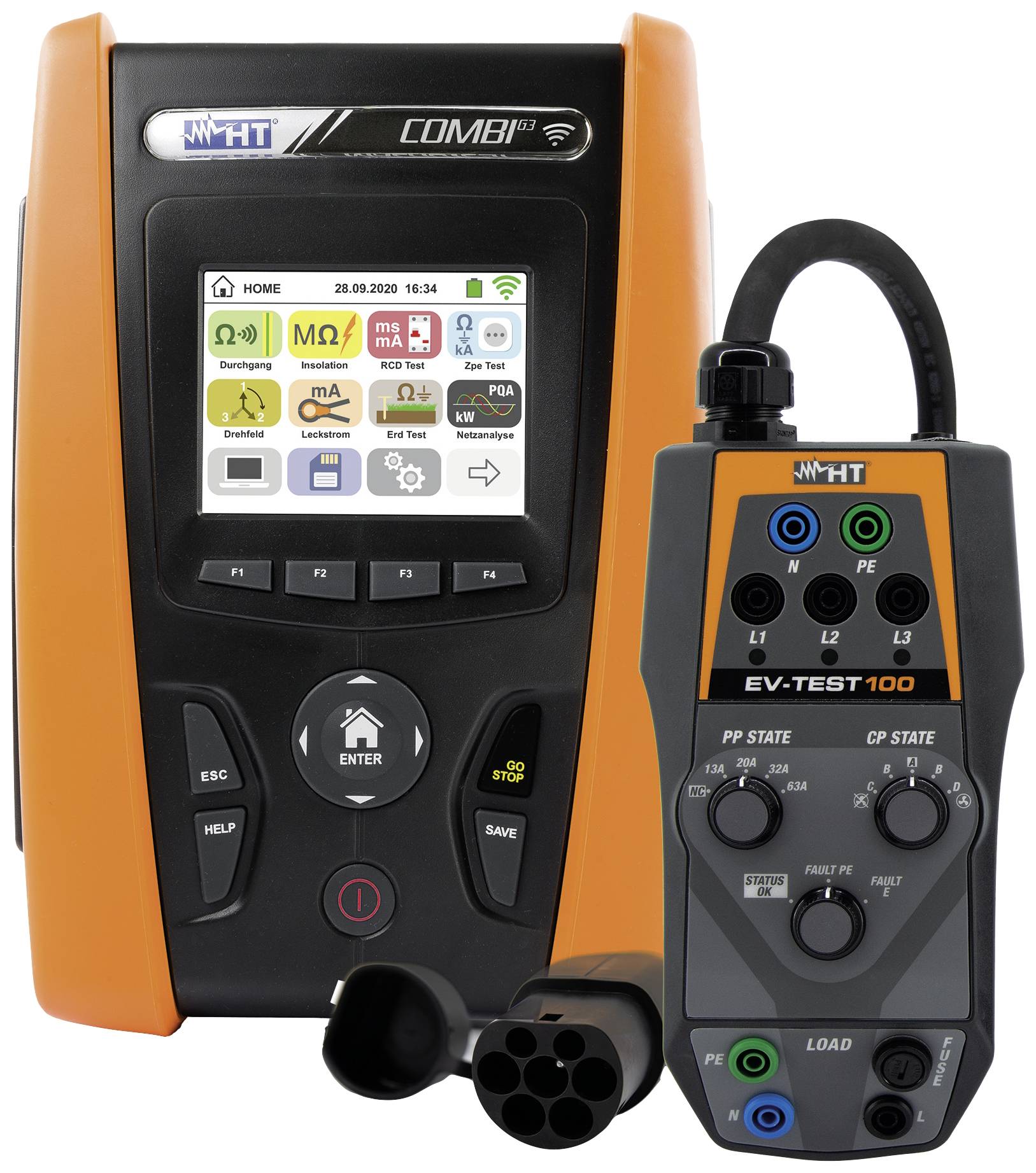 Combinazione di un dispositivo di test elettrico con display e un dispositivo manuale collegato per il controllo di veicoli elettrici.