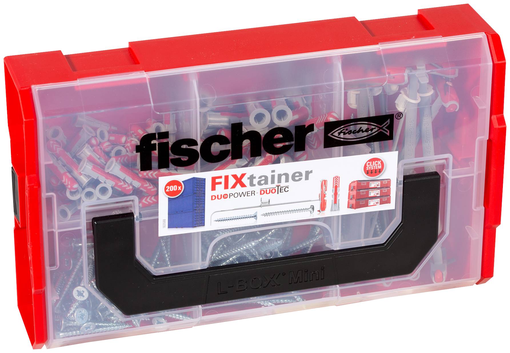 Una scatola di plastica rossa per l'immagazzinamento etichettata 'fischer FIXtainer' piena di viti, tasselli e ferramenta assortiti.