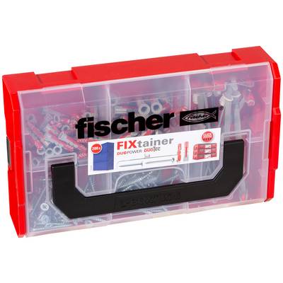 Una scatola di plastica rossa per l'immagazzinamento etichettata 'fischer FIXtainer' piena di viti, tasselli e ferramenta assortiti.
