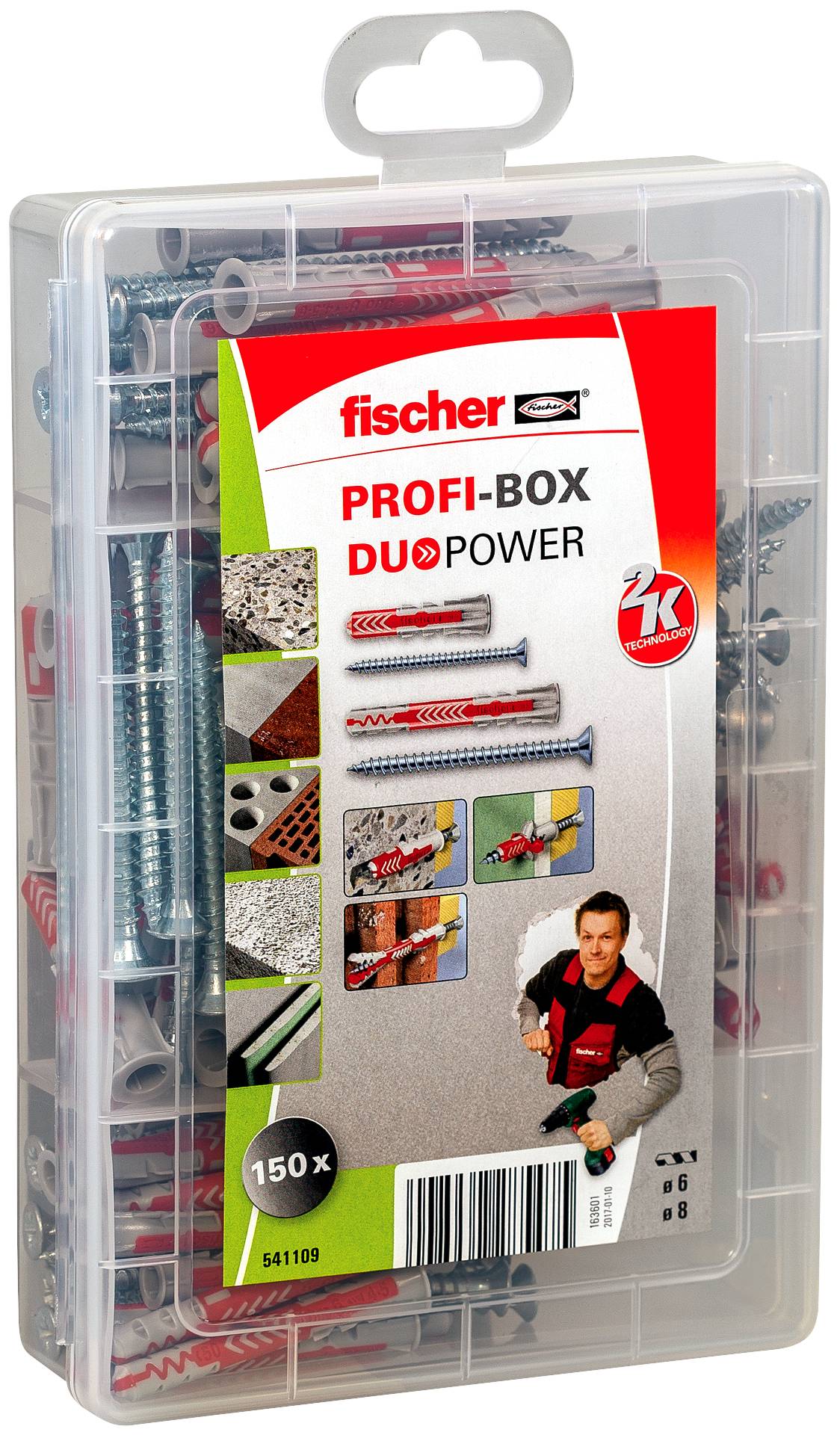 Assortimento di tasselli Fischer PROFI-BOX DUOPOWER e viti per pareti in custodia, con 150 pezzi, presentato in confezione con scatola di stoccaggio trasparente.