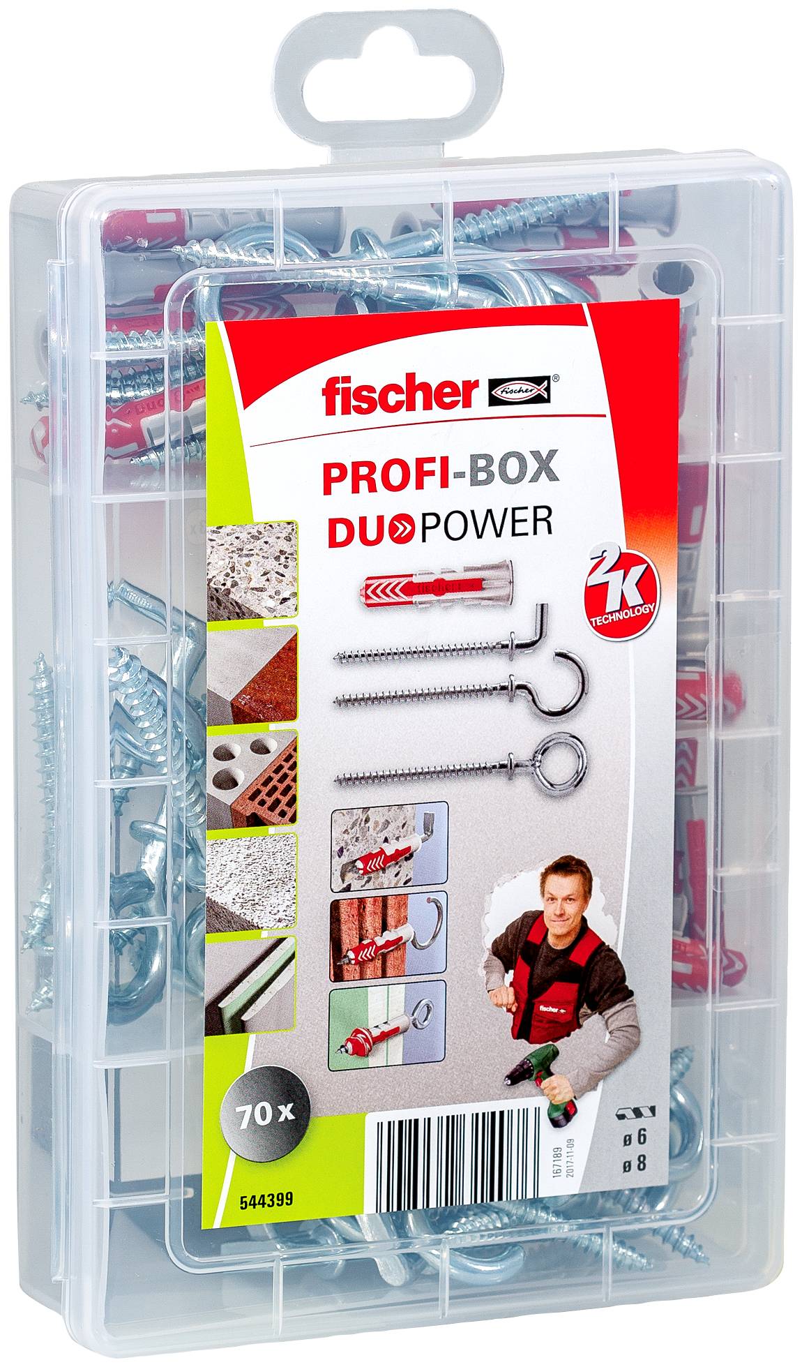 Scatola in plastica trasparente di tasselli murali Fischer PROFI-BOX DUOPOWER e viti, etichettata 70x, con accessori di fissaggio assortiti visibili all'interno.