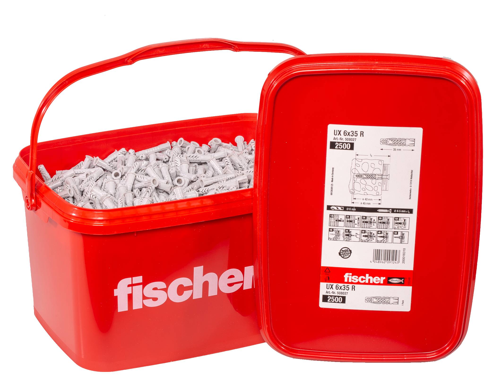 Secchio rosso contenente 2500 tasselli grigi marca 'fischer', modello UX 6x35 R. Il coperchio del secchio riporta un'istruzione di montaggio.