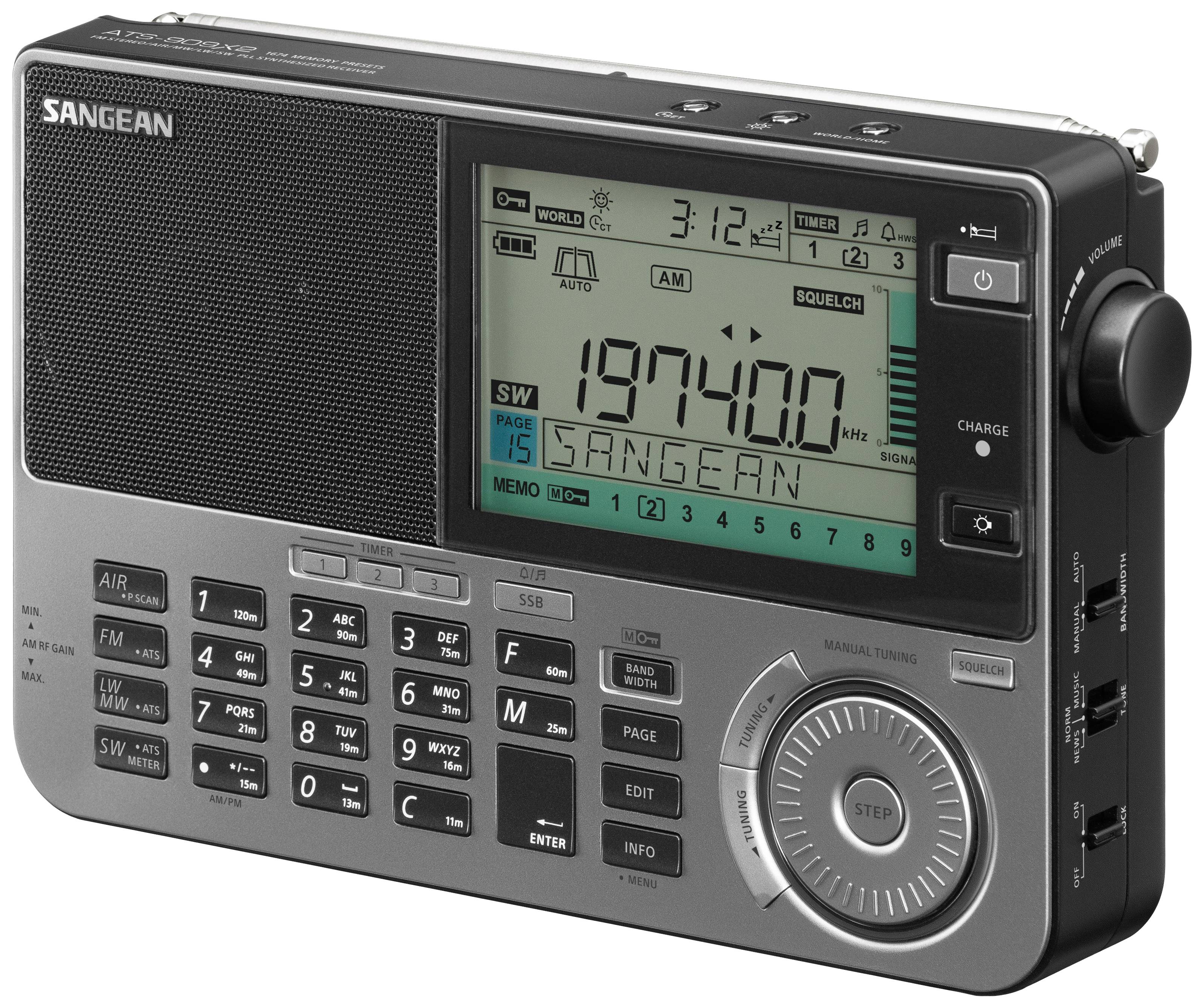 Una radio portatile a onde corte con display digitale che mostra la frequenza '19740 kHz', con tastiera per le impostazioni visibile.