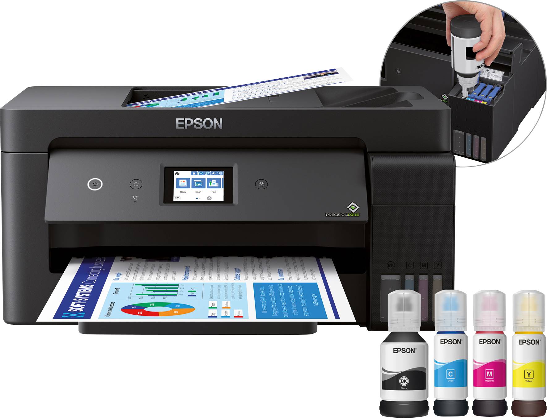 Una stampante Epson nera sta stampando un documento. In basso sono raffigurate bottiglie di inchiostro in nero, ciano, magenta e giallo.