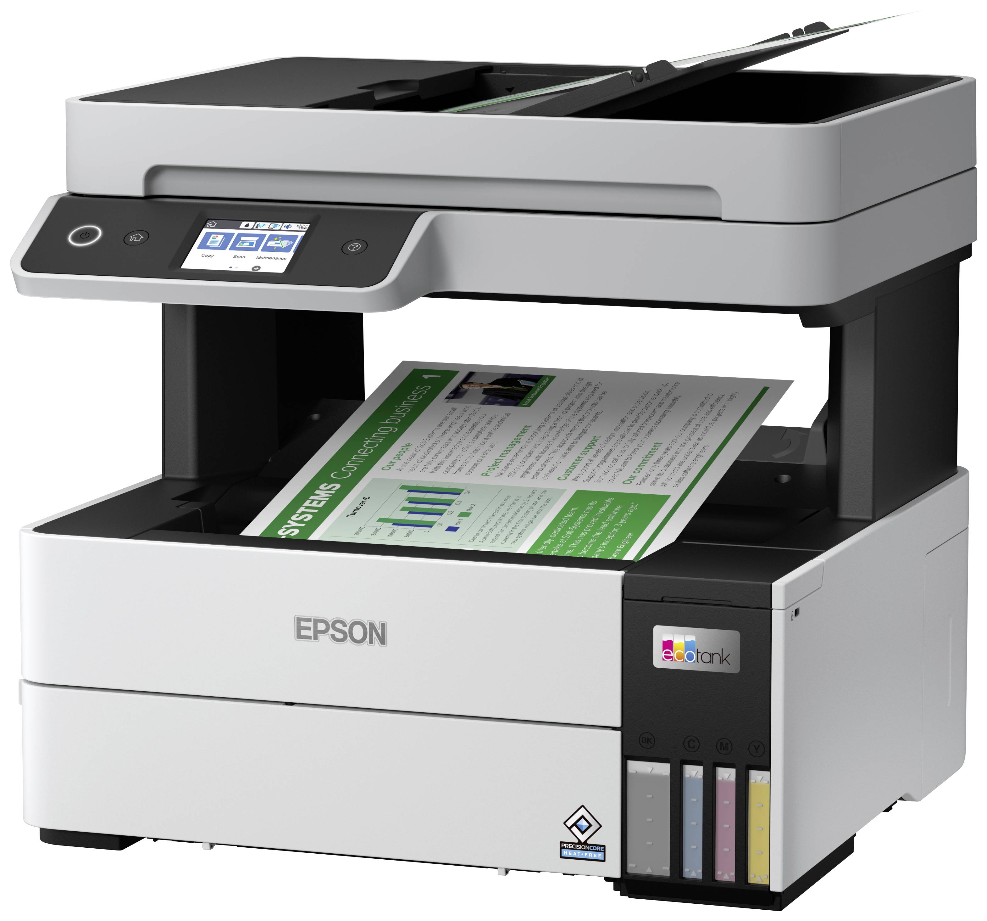 Una stampante multifunzione sta stampando un documento con diagrammi e testo. Ha un pannello di controllo LCD e serbatoi di inchiostro sul lato anteriore.
