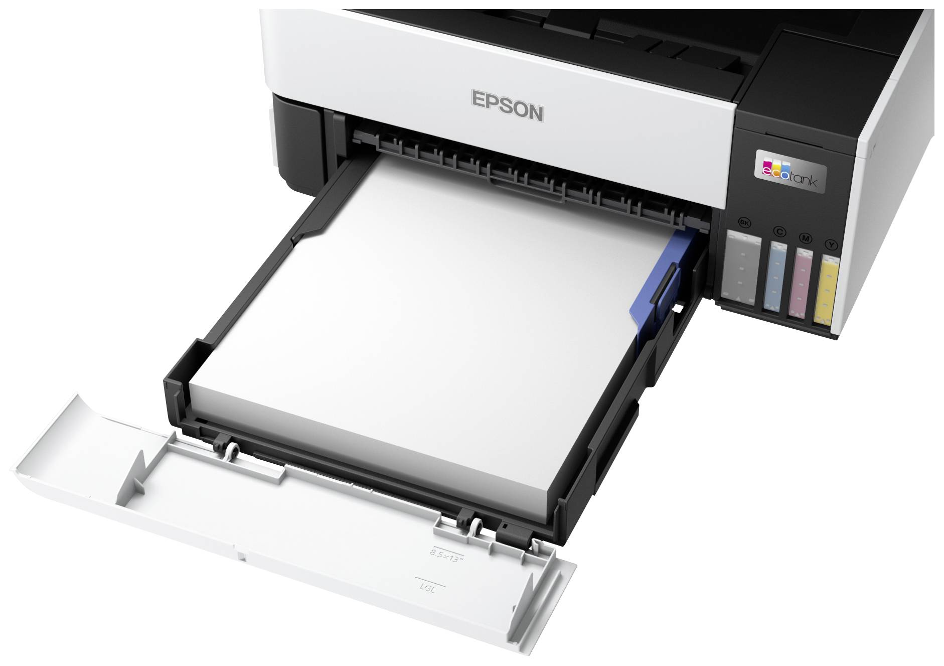 Un stampante Epson con il cassetto della carta aperto, mostra i serbatoi degli inchiostri a colori sul lato destro, pronto per la stampa.