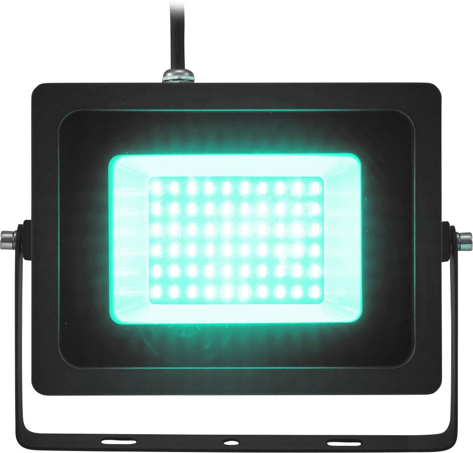 Un proiettore a LED rettangolare illumina in un turchese brillante. È fissato su un supporto di montaggio nero ed è alimentato da un cavo.