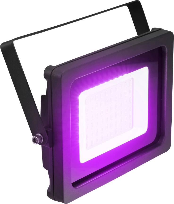 Proiettore LED nero con luce viola, tipico per l'illuminazione di accento o scenica in ambienti interni ed esterni.