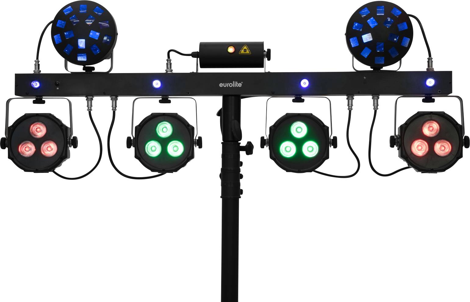 Un sistema di illuminazione con sei proiettori colorati su un supporto: due sono blu, quattro sono rossi e verdi. Ideale per spettacoli teatrali.
