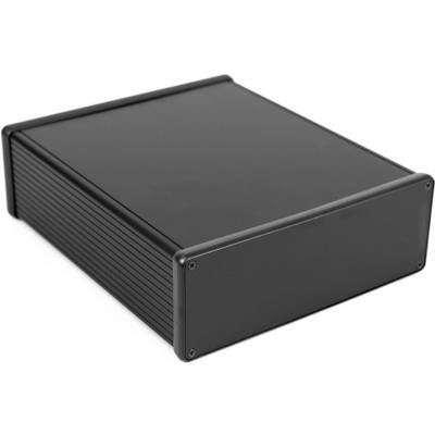 Un involucro metallico nero, rettangolare, probabilmente per dispositivi elettronici, con angoli arrotondati e viti sui lati.