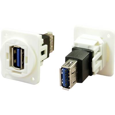 Due prese USB 3.0 bianche per montaggio a parete, ciascuna con un elemento interno blu e contatti argentati, mostrate da diversi angolazioni.