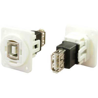 Due prese USB bianche, una che mostra la connessione dal davanti, l'altra dal lato. Sono adatte per l'installazione in dispositivi.