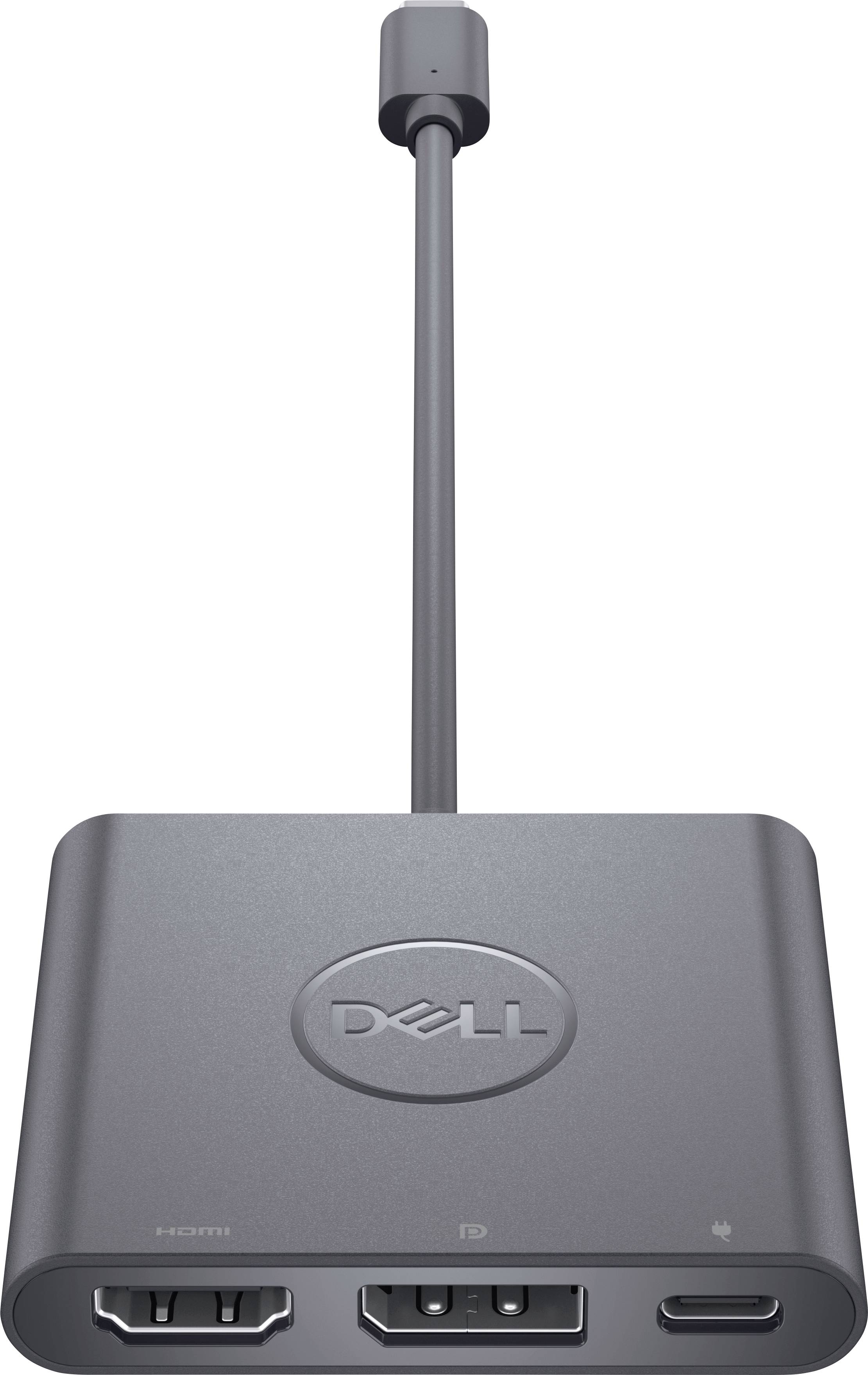 Un adattatore grigio Dell con porte HDMI, USB-C ed Ethernet, idoneo per collegare più dispositivi a un laptop.