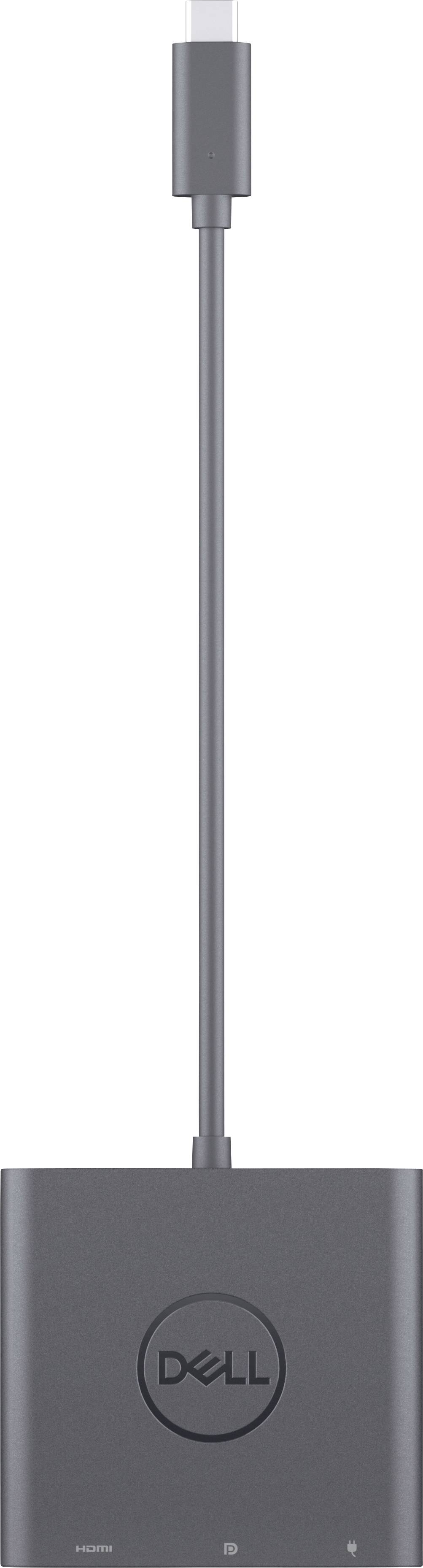 Adattatore Dell con connettore USB-C e multiple porte per collegare dispositivi elettronici.