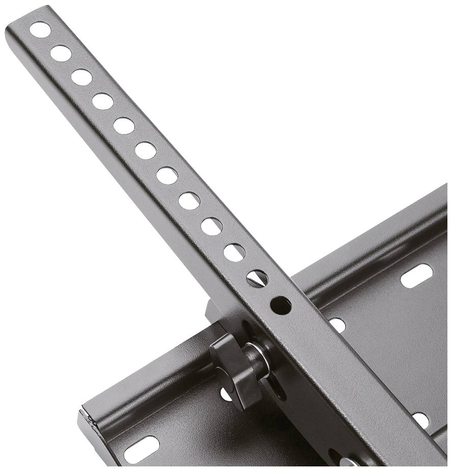 Un supporto metallico regolabile con fori e una manopola di regolazione per l'altezza o l'inclinazione.