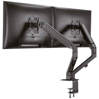 Un supporto per braccio doppio monitor in metallo, fissato a una scrivania, mantiene due schermi uno accanto all'altro in una posizione ergonomica.
