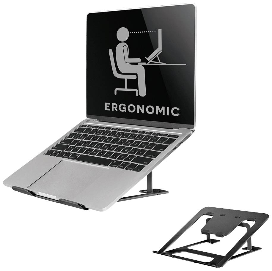 Laptop su un supporto, schermo mostra un pittogramma di una persona davanti a un computer con il testo 'Ergonomic'.