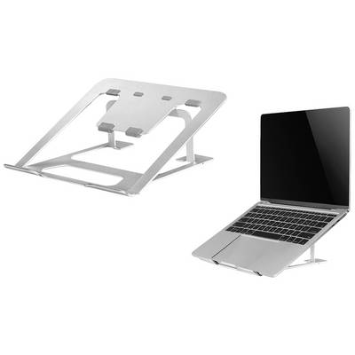 Laptop su supporto in alluminio mostra il supporto sinistro senza laptop e il laptop destro su supporto, sollevato per una migliore visibilità ed ergonomia.