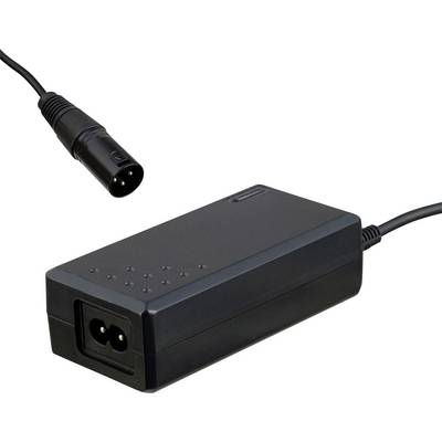 Alimentatore nero con connettore XLR, adatto per dispositivi elettronici. L'adattatore rettangolare dispone di un indicatore LED.