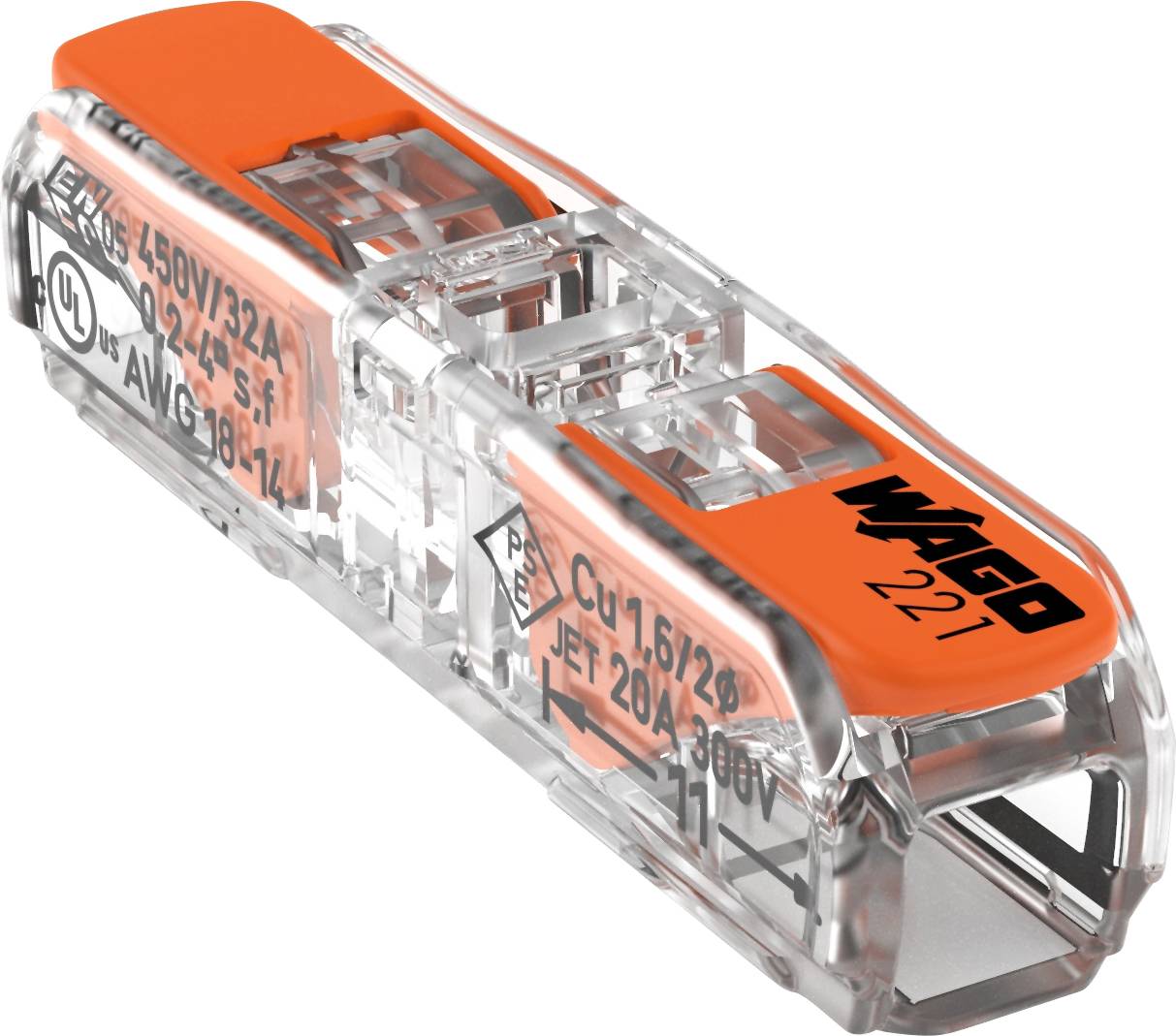 Un connettore per cavi trasparente con leva arancione, contrassegnato 'WAGO 221', per connessioni elettriche fino a 450V/32A.