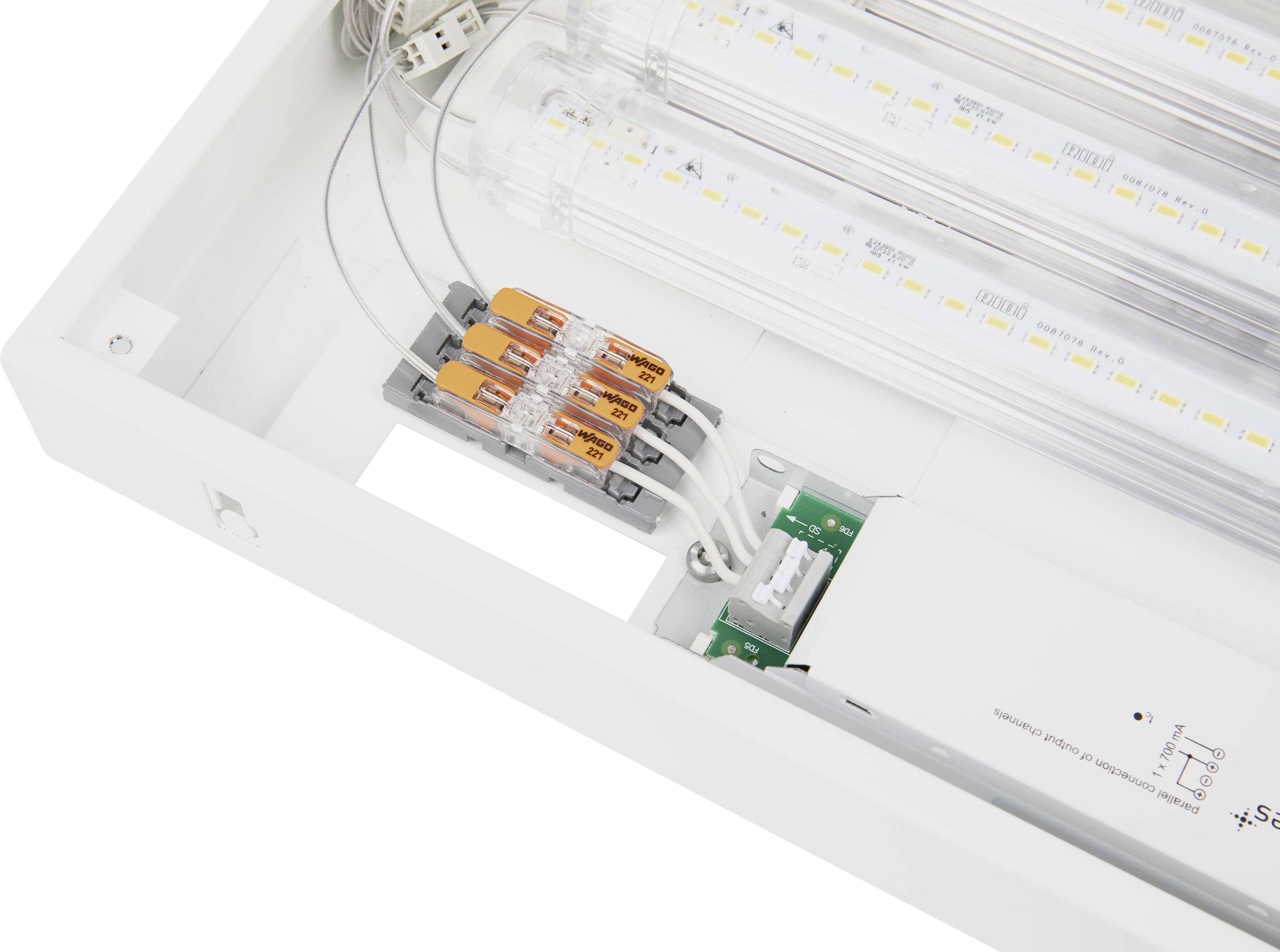 Lampada LED con involucro trasparente, che mostra il cablaggio elettrico interno e i componenti, incluso un convertitore bianco e morsetti di connessione.