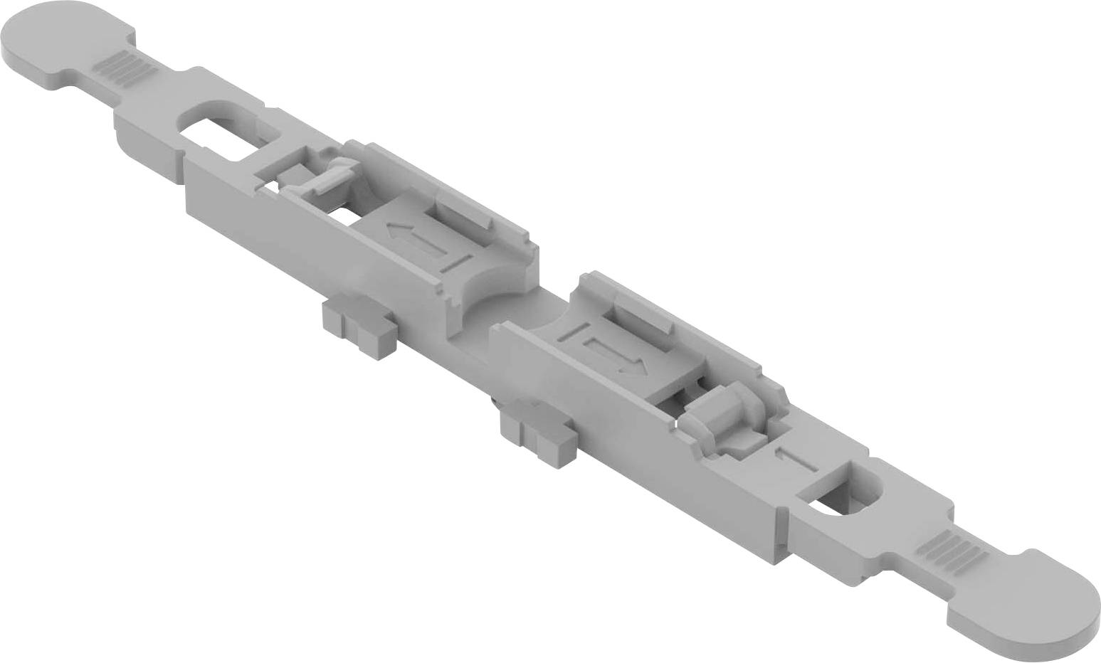 Un pezzo rettangolare grigio in plastica con diverse rientranze e sporgenze, probabilmente un elemento di connessione o parte di un dispositivo.