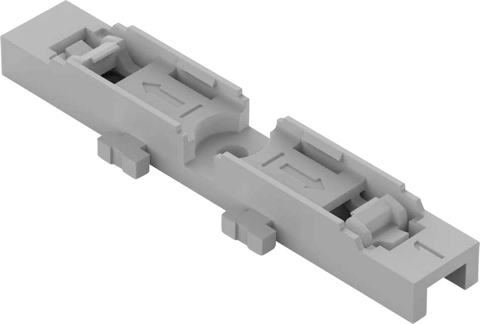 Supporto grigio in plastica con due clip integrate e frecce che puntano in direzioni opposte.