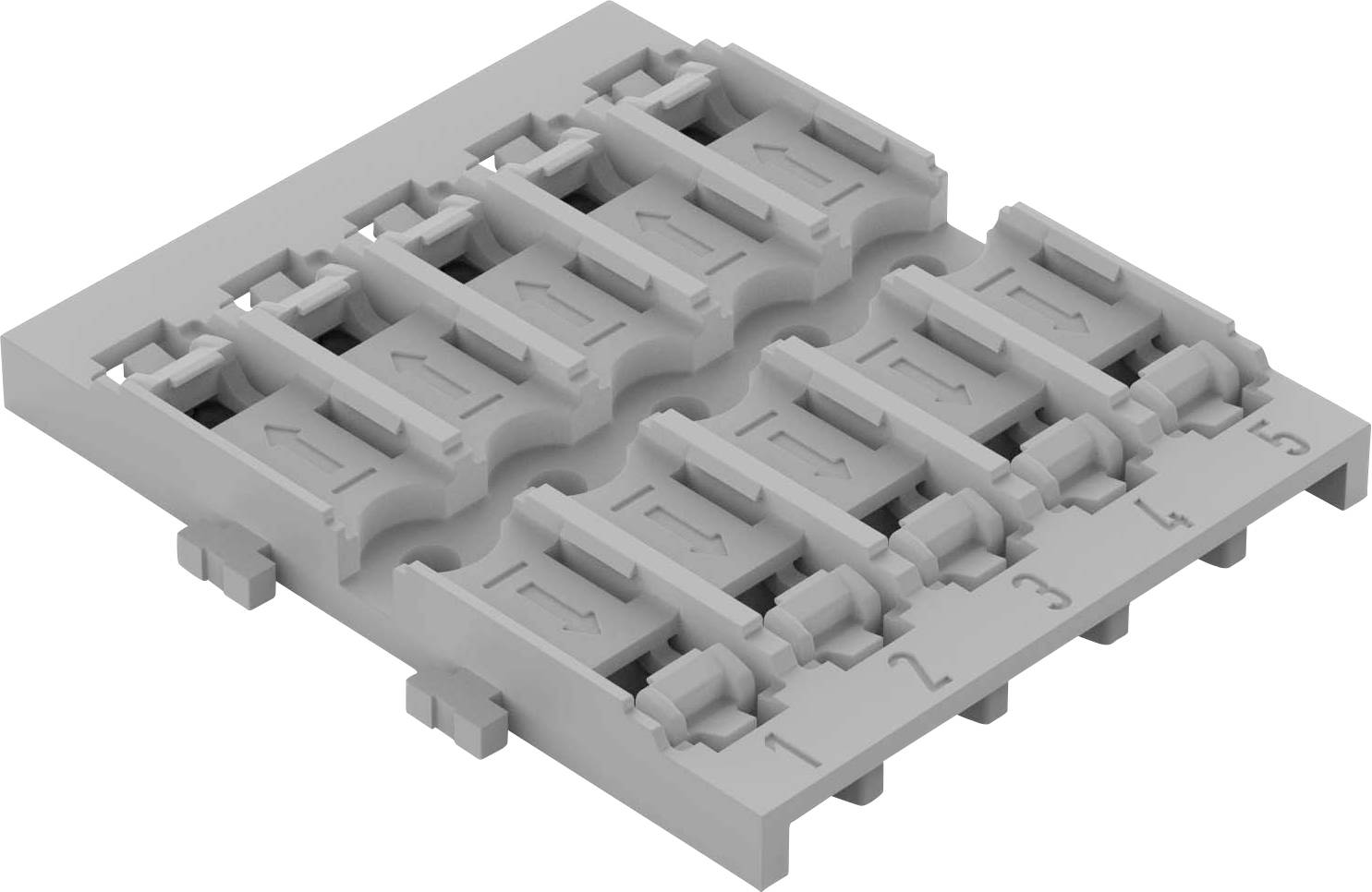 Modulo connettore elettronico grigio con otto morsetti numerati, contrassegnati da frecce.