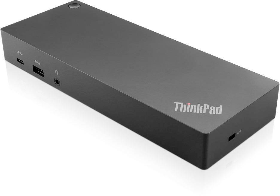 Una stazione di aggancio ThinkPad nera con molteplici porte su entrambi i lati, adatta per collegare accessori per laptop.