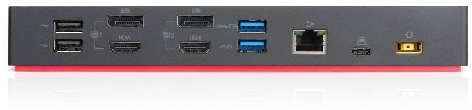 Retro di un dispositivo elettronico con diverse porte di connessione, tra cui USB, HDMI, Ethernet e alimentazione elettrica. Adatto per computer.