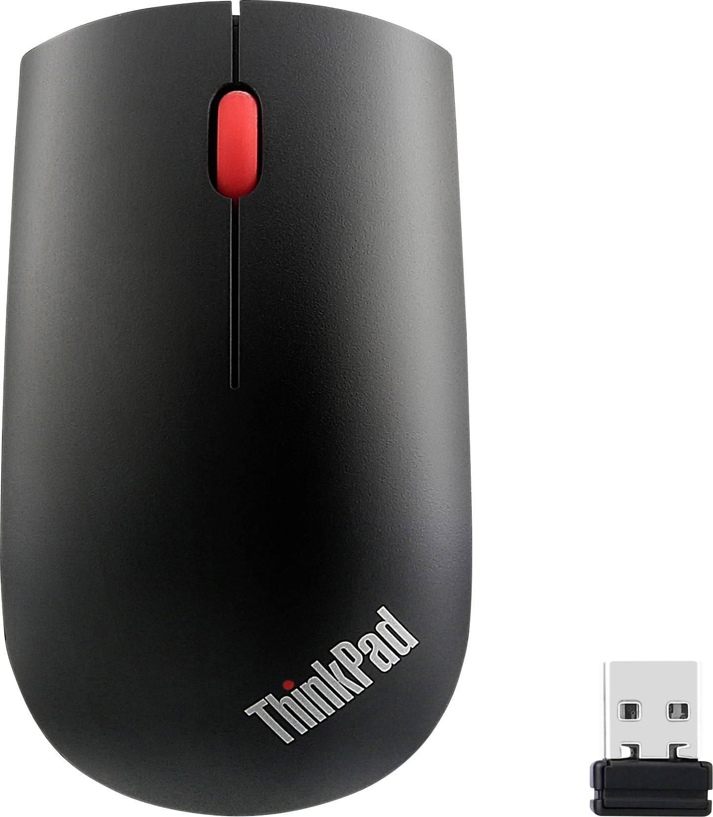 Mouse wireless ThinkPad nero con rotella di scorrimento rossa e ricevitore USB su sfondo bianco