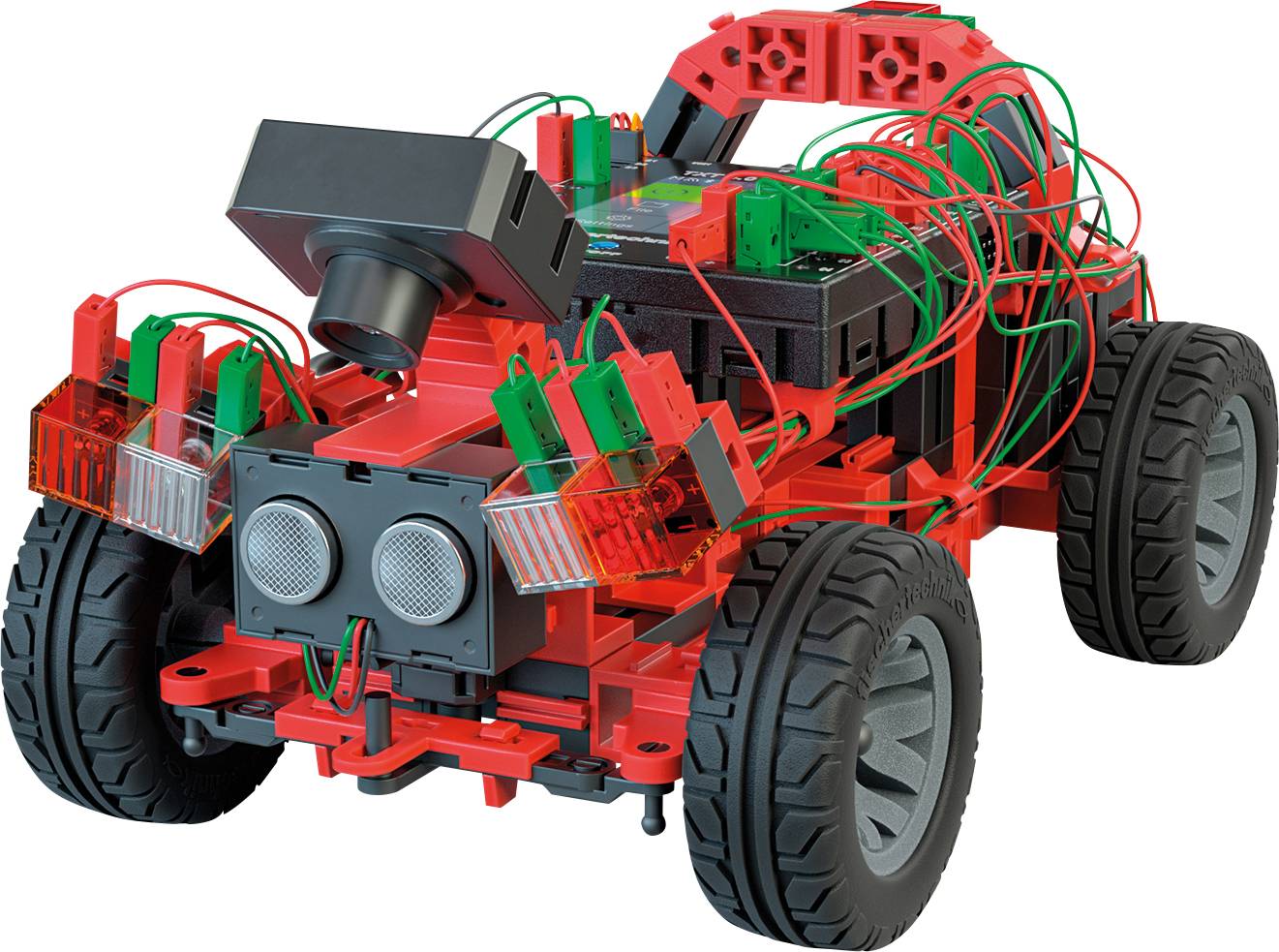 Un'auto rossa telecomandata con sensori e cavi su ruote robuste, pronta per esperimenti tecnici o progetti di robotica.