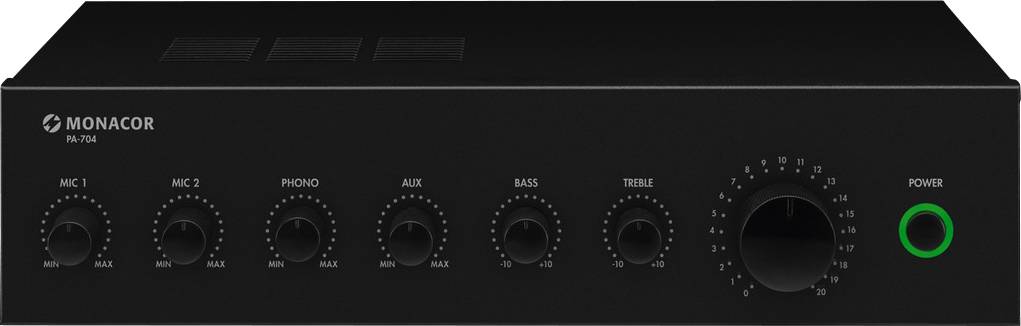 Amplificatore nero Monacor con diversi potenziometri per microfono, giradischi, AUX, bassi, acuti e volume. Tasto di accensione a destra.