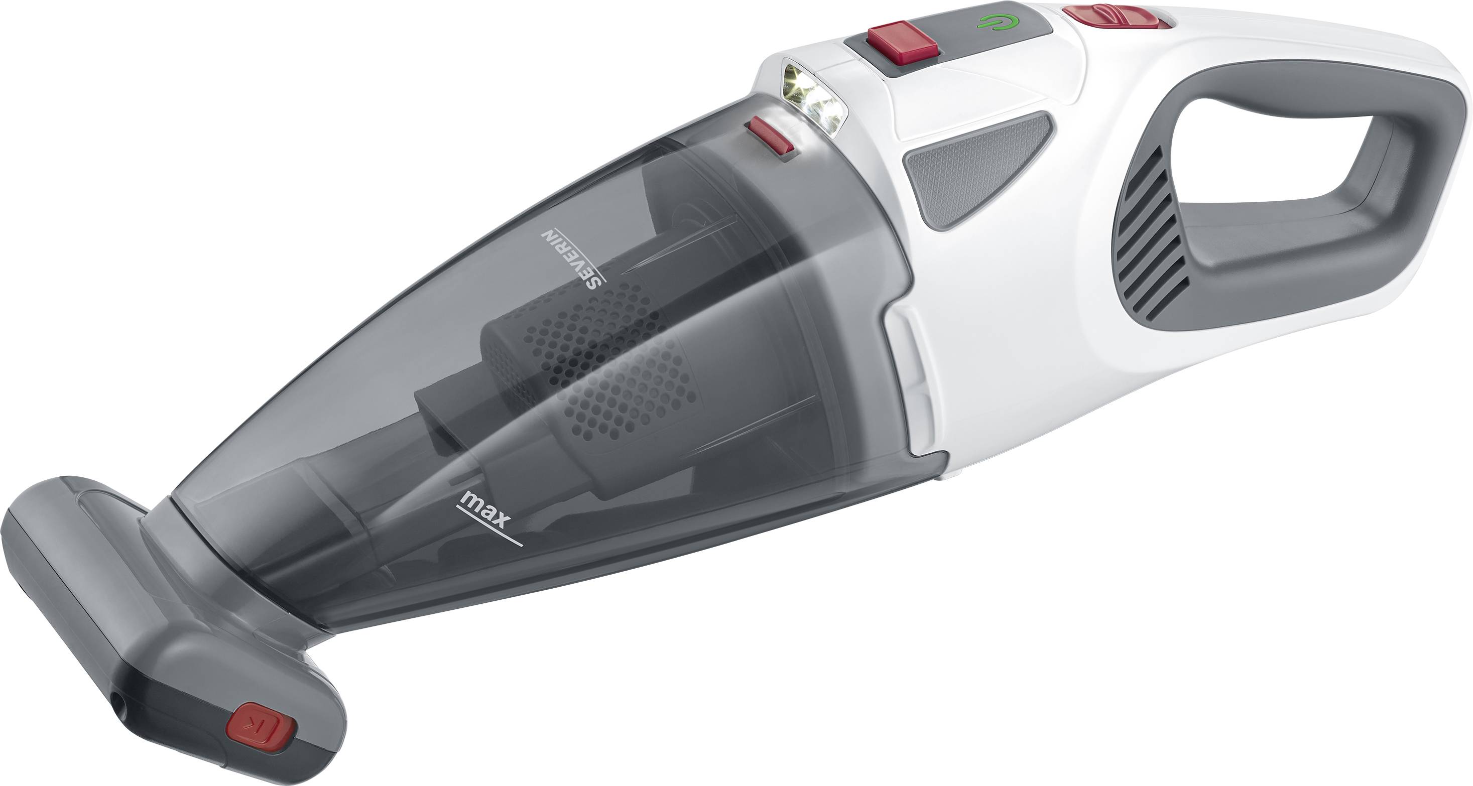 Aspirapolvere portatile grigio e bianco con tasti laterali rossi, adatto per rapide pulizie domestiche.