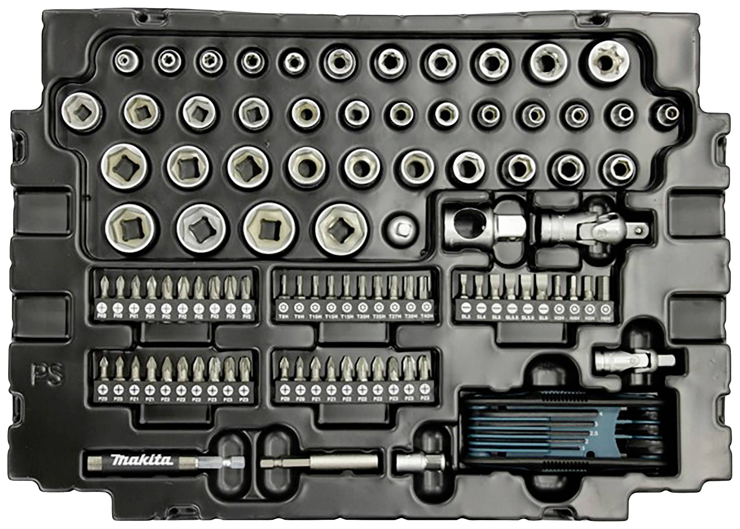 Set di utensili nero con vari cricchetti e bit di diverse dimensioni, ordinatamente disposti in una valigetta.