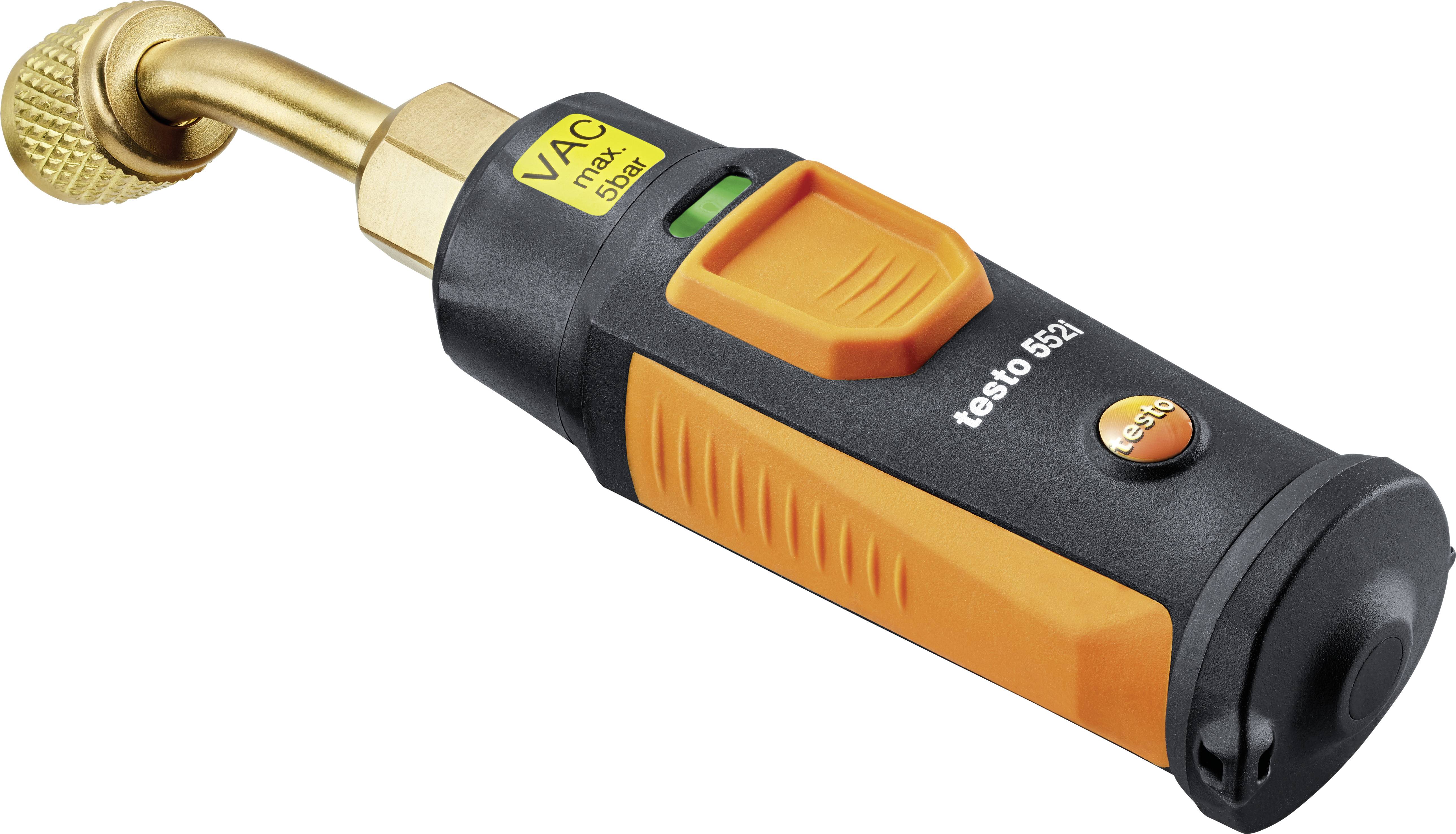 Dispositivo elettronico per la misurazione del vuoto con custodia arancione e nera, manometro e scritta 'testo 552i'.