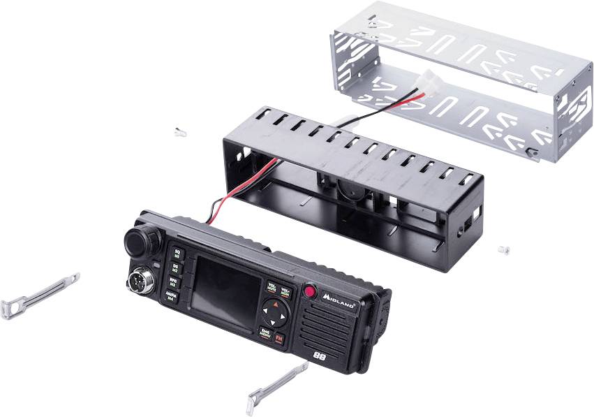 Autoradio con cornice frontale montata, due chiavi di fissaggio e telaio di installazione su sfondo bianco.