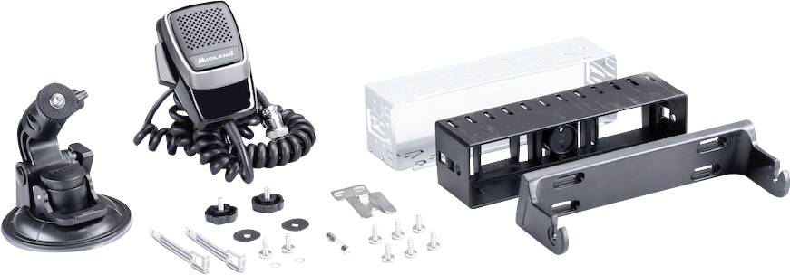 Un microfono wireless con supporto, ventosa e accessori, compresi viti e cornice di montaggio, su sfondo bianco.