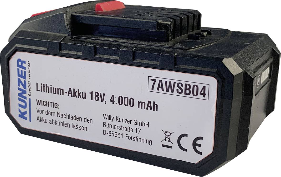 'Batteria al litio 18V, 4.000 mAh' su etichetta bianca di una batteria nera con dettaglio rosso. Informazioni di contatto di Kunzer GmbH in basso.